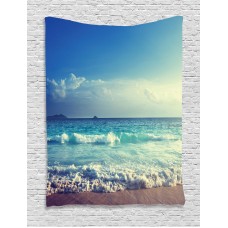 Ocean Decor Wall Hanging Tapestry, Tropical Island Paradise Beach At Sunset Time With Waves And The Misty Sea Image, Bedroom Living Room Dorm Accessories, By Ambesonne   
